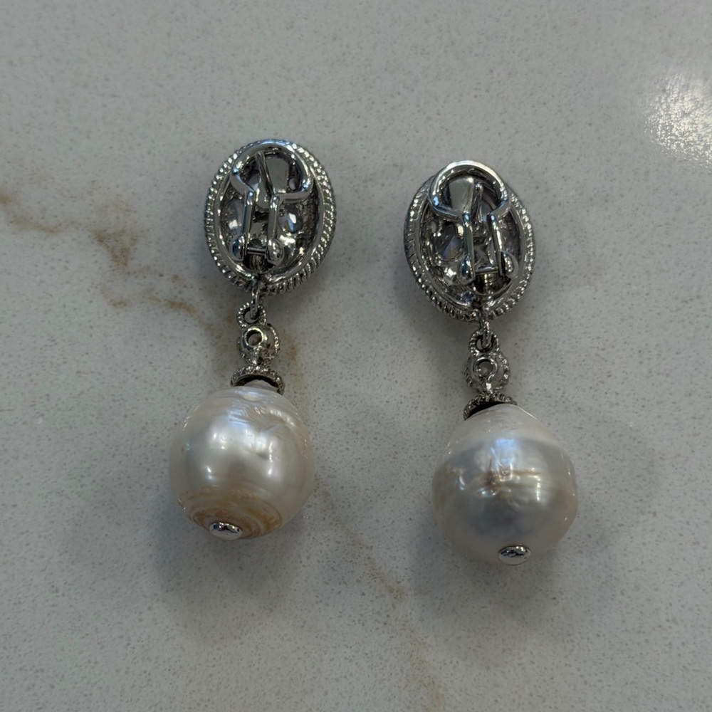 Judith Ripka Sterling Silver Pave CZ & White Baroque Pearl Drop Earrings - Picture 4 of 7